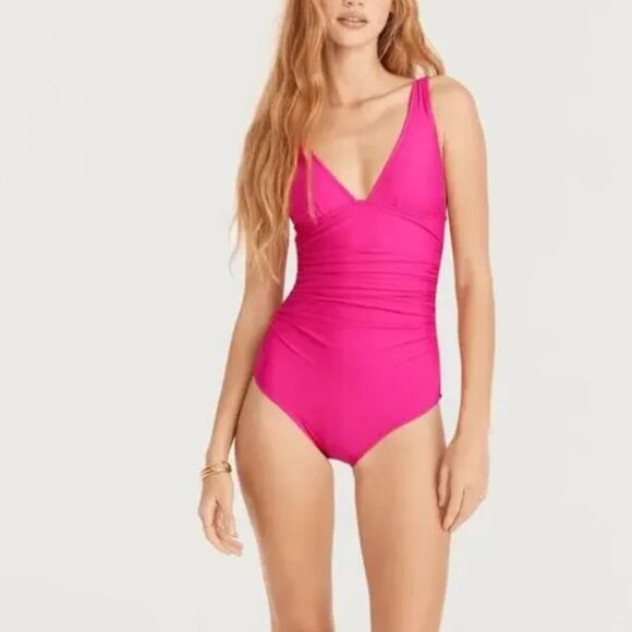 J.Crew Women’s Ruched V Neck One Piece Swimsuit Radiant‎ Fuchsia BC116 Size 20 - Picture 1 of 12